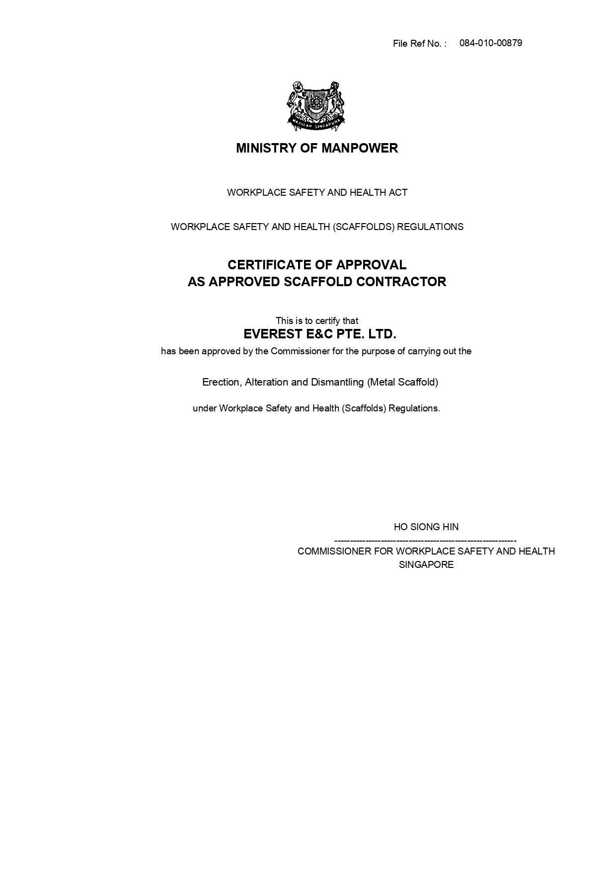 APPROVED SCAFFOLD CONTRACTOR Certificate